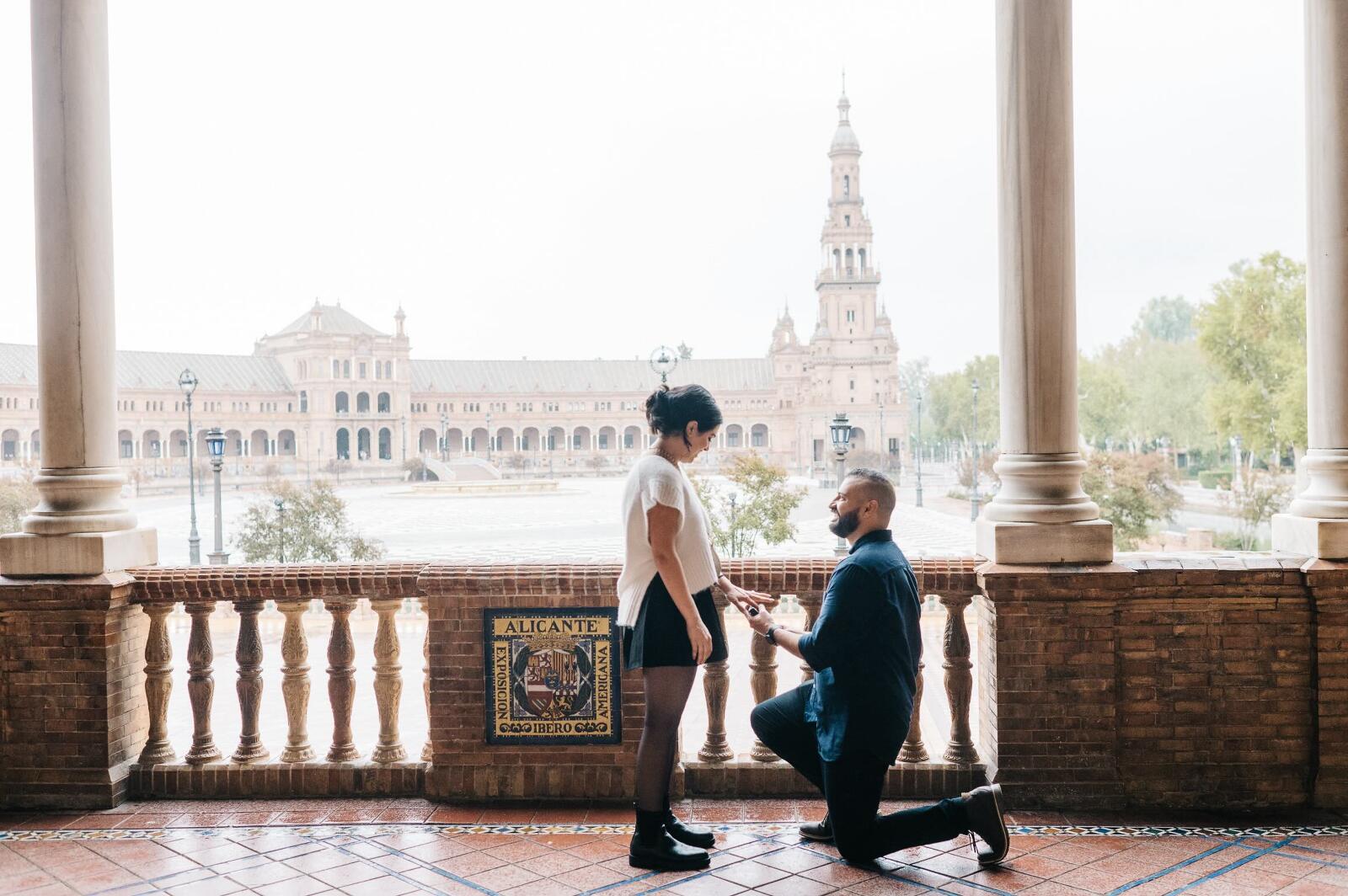 Surprise proposal at Plaza de Espana Sevilla